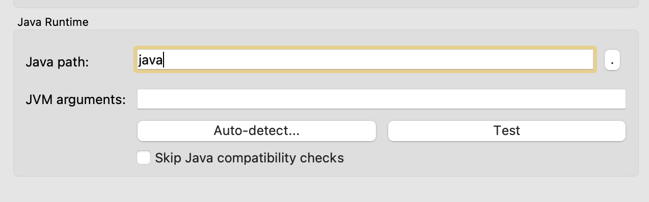 Java Runtime section of java tab under PolyMC settings