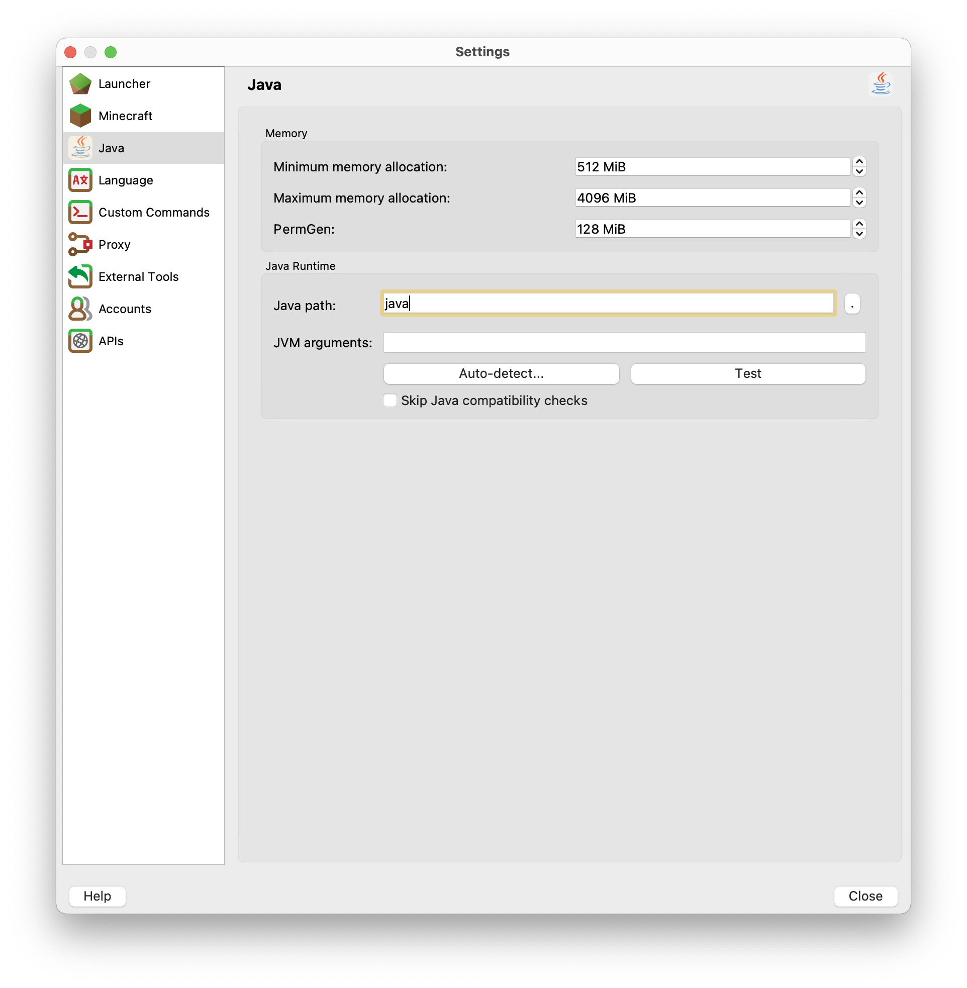 Java tab under PolyMC settings