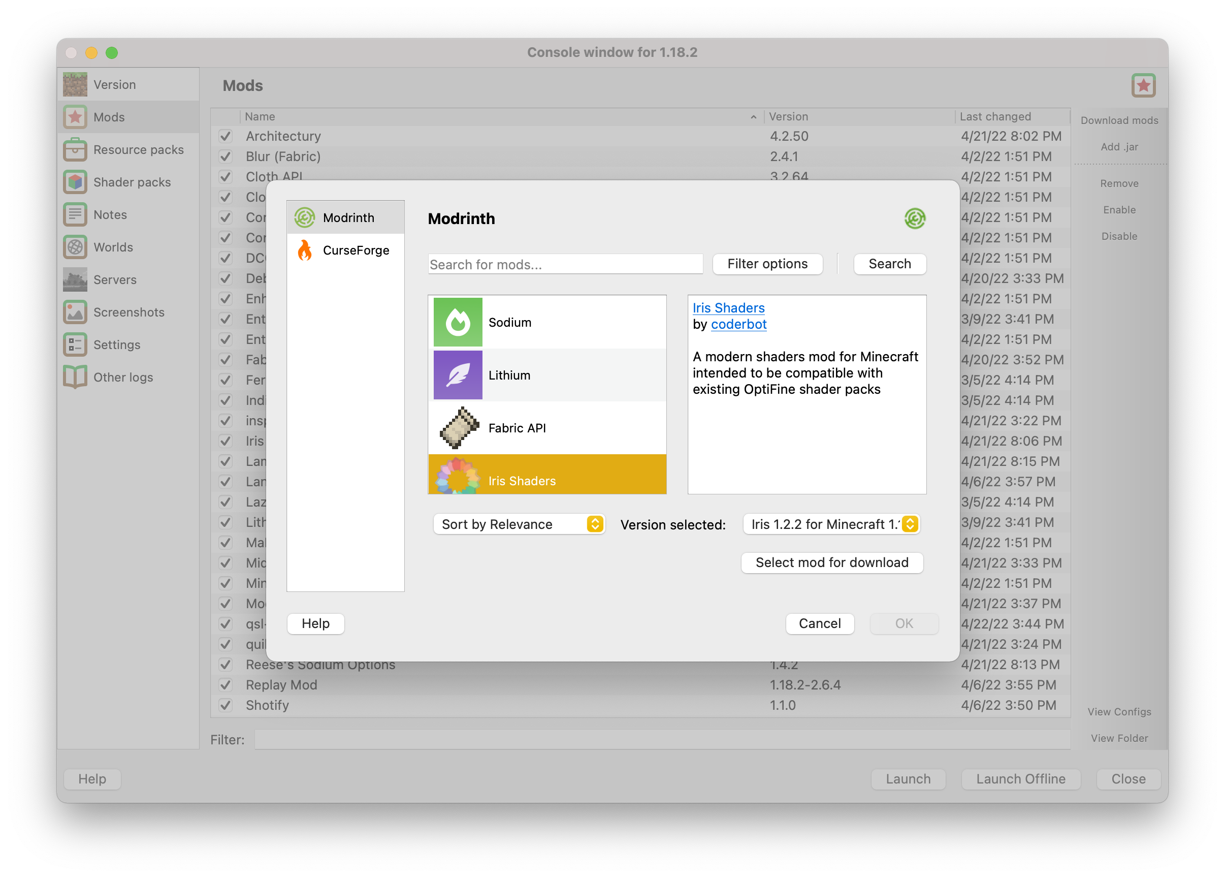 Mod downloader on mods tab under PolyMC settings